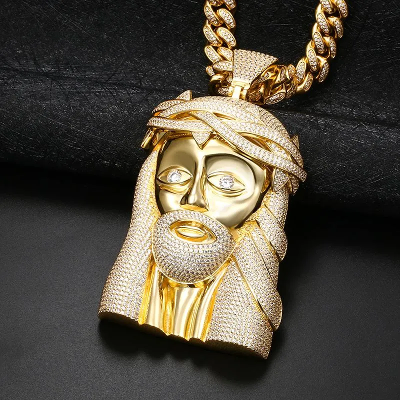 Złoty wielki Jezus Chrystus Głowa Kolor Naszyjnik wisiorek wisiorek sześcienna cyrkonia lodowa chrześcijańska mężczyźni hip -hop biżuterii