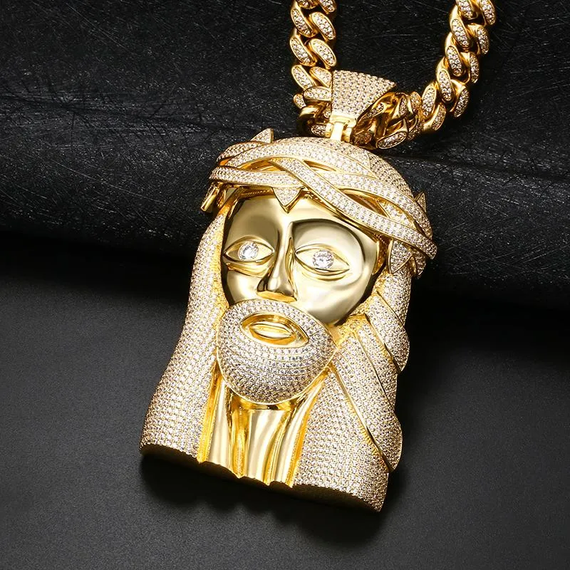 Goldene große Jesus Christus Kopf Kupfer Farbe Halskette Anhänger Zirkonia Iced Out Christian Männer Hip Hop Schmuck Geschenk Chains191e