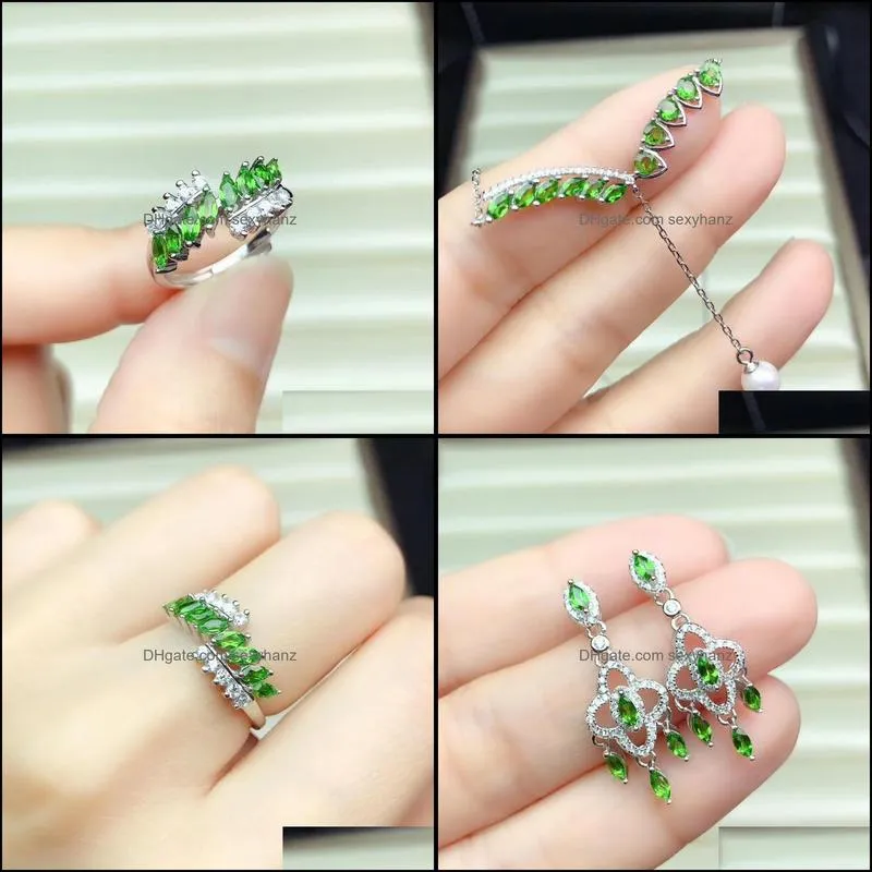 Bracelet, Earrings & Necklace Luxurious Leaf Tassels Natural Green Diopside Jewelry Sets Gemstone Ring Pendant 925 Silver Women Party