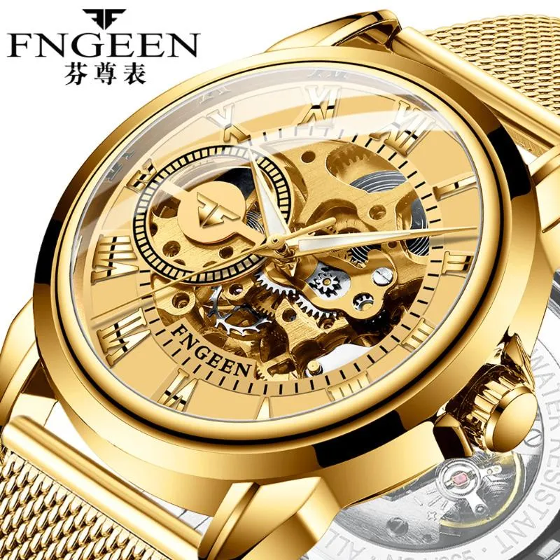 FNGEEN Fully Automatic Black Skeleton Watch For Men And Women Steel