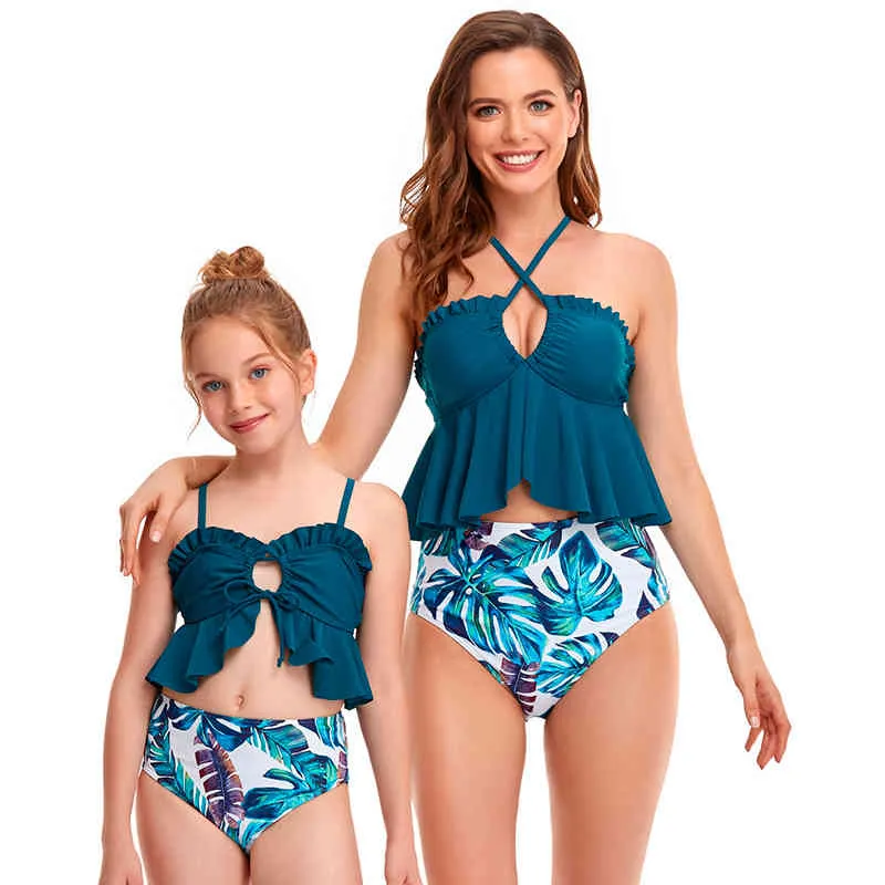 Women's Swimwear 2021 Sports Bathing Cow Print High Waist Bikini Beach Swimsuit For Girls Lotus Leaf Lace Parent-Child Set X0522