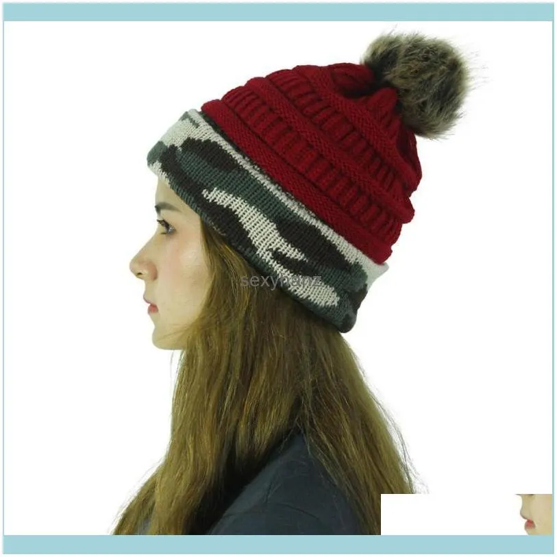 Beanies Winter Cap Women Hat Camouflage Stitching Outdoor Plush Ball Hats Crochet Knit Beanie Cap Beanie Hat Muts
