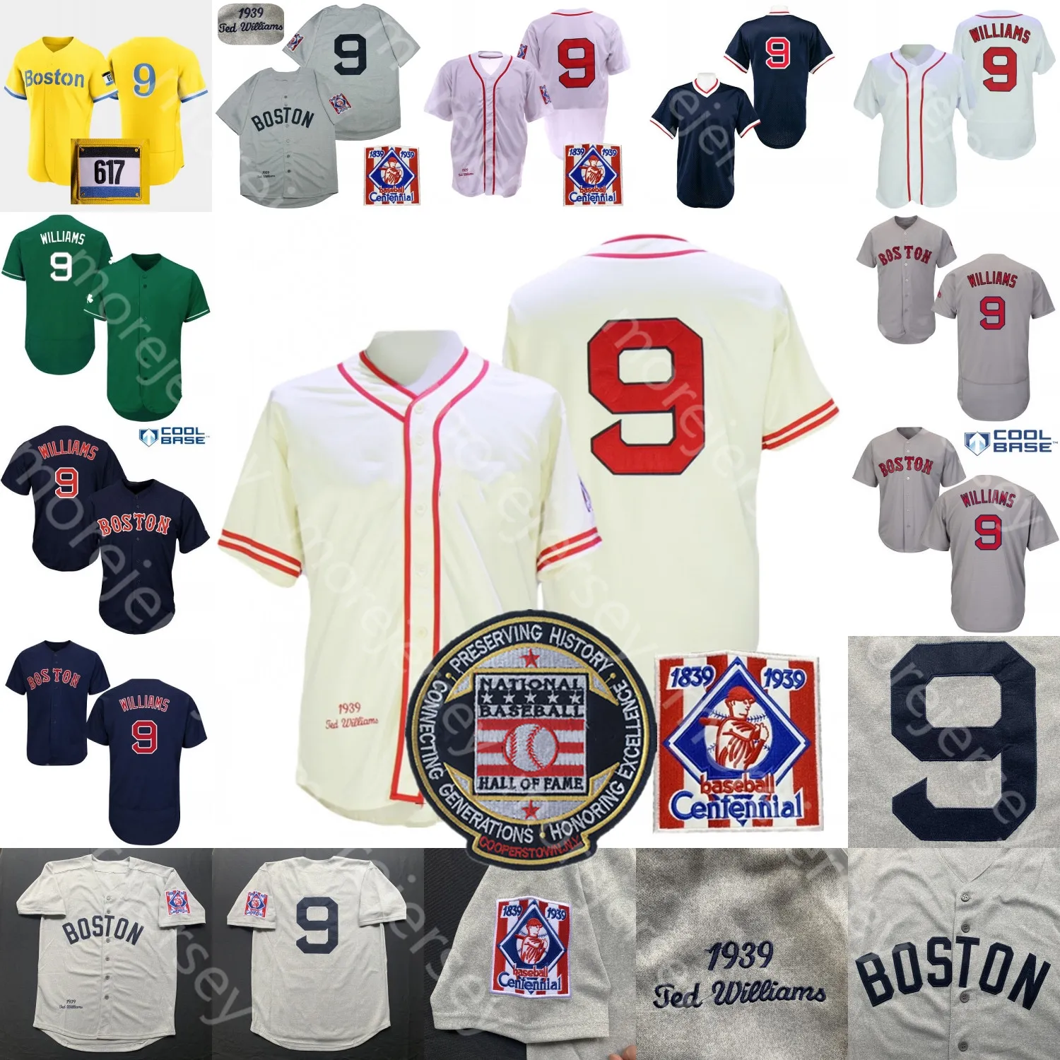 Ted Williams Jersey Hall Of Fame Patch 1939 Cream Grey White Cooperstown 2021 City Connect Player Fars Dag Salute to Service Grå Marinblå Röd Vit Fans Player Green