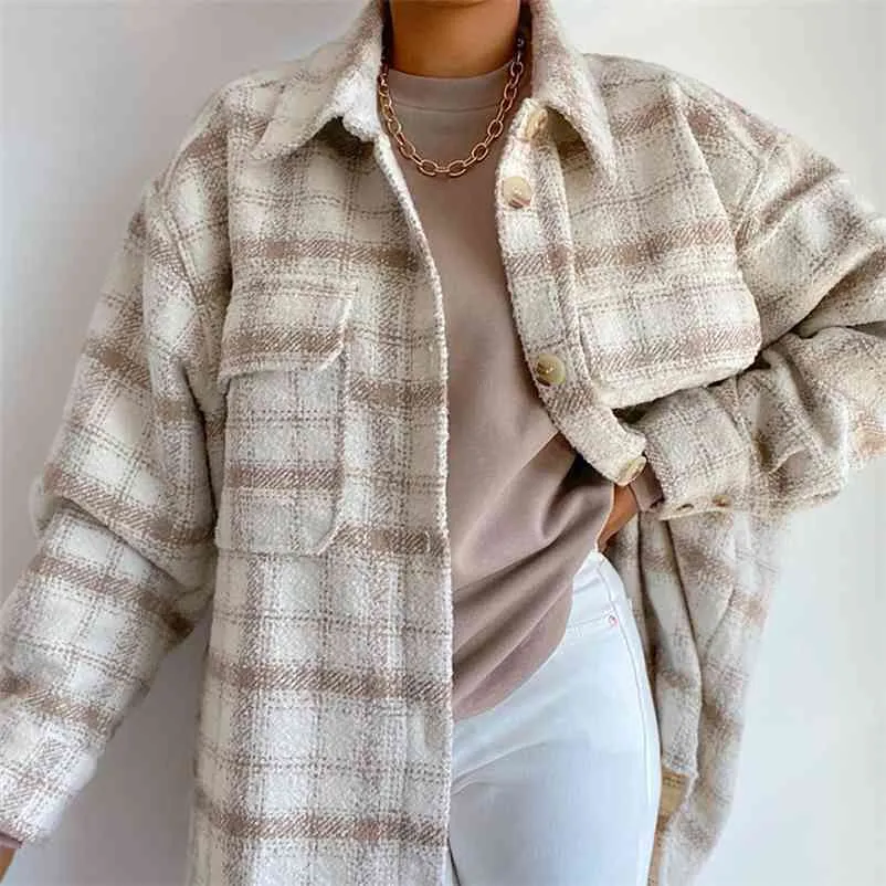 Evfer Women Autumn Winter Fashion Plaid Khaki Thick Coats Overshirt Female Stylish Pockets Plaid Long Jackets Overisze Outwear 210722