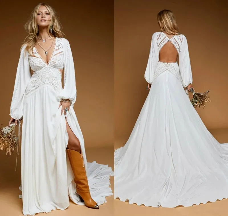 Bohemian Abiti Da Sposa Lace bridal dress Appliqued A Line V Neck Hollow Back Long Sleeve Wedding Dresses Sweep Train Beach Vestidos De Novia