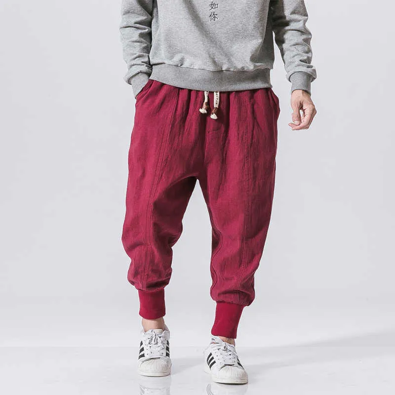Chiński styl spodnie Harema Mężczyźni Streetwear Casual Joggers S Bawełniane Pościel Spodnie Długość Spodnie M-5XL Y0811