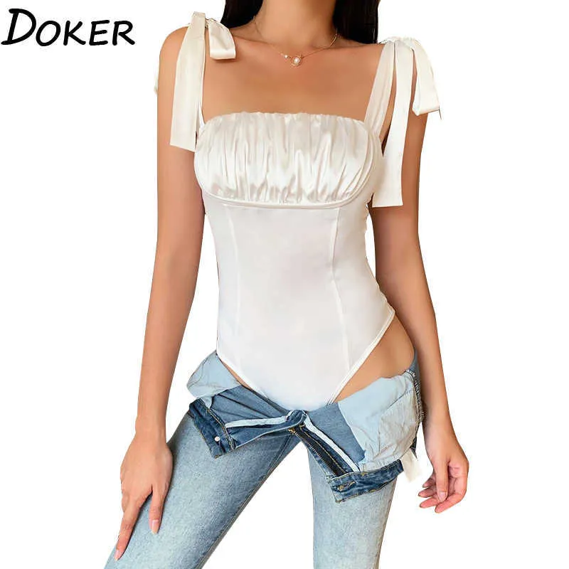 Sexy Solid Color Push Up Folds Lace Sling Skinny Bodysuits Street Style Office Lady Casual Beach White Bow Bottoming Shirt 210604