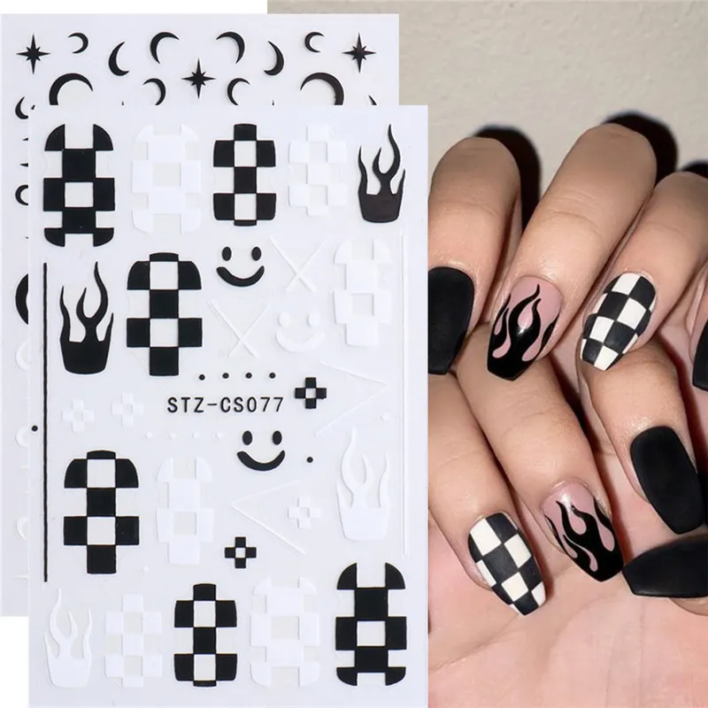 Svart Vit Checkerboard Nail Art Stickers Star Moon Smiley Flame Dekaler Självhäftande akryl Naglar Tillbehör Manikyrdekorationer