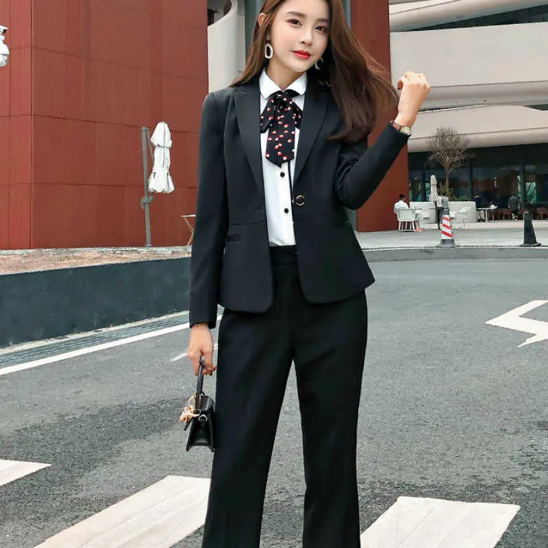 Ladies black suit autumn temperament lady business office jacket female Fashion trouser Two-piece overalls 210527