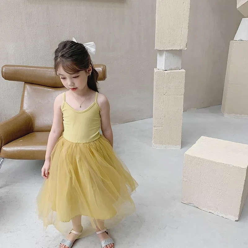 소녀 단단한 공주 드레스 여름 아이 민소매 메쉬 레이어 결혼 생일 파티 어린이 해변 의류 3-7 소녀의 드레스