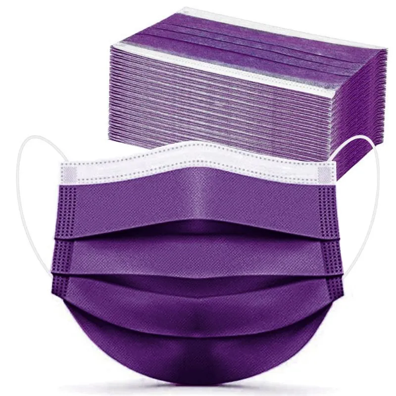 Fietsendoppen Maskers 10/100 stks Paars Disposable Gezichtsmasker Niet-geweven ademend gaas met elastische mondbedekking Hoofdband Wandelen Sjaals Masca