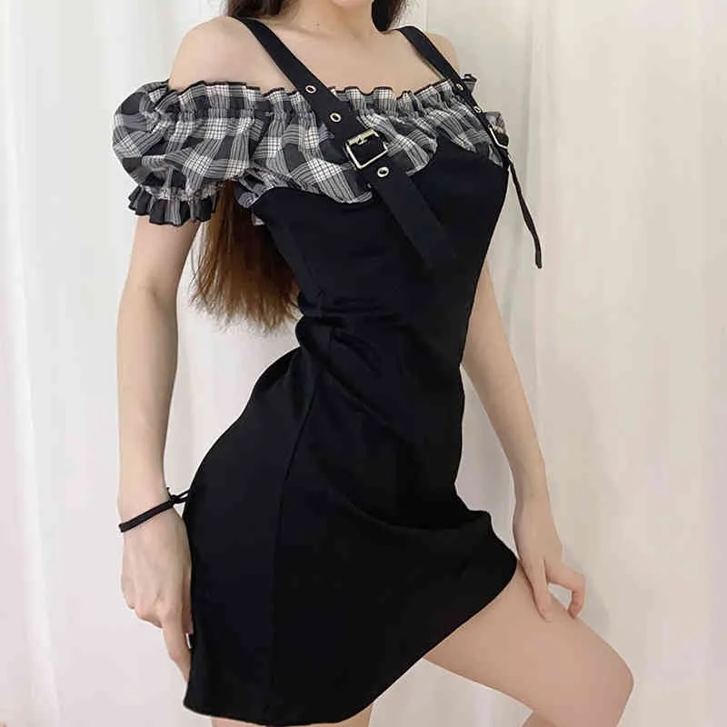 Vintage Plaid Square Collar Summer Woman White Short Dress Gothic Strap Short Sleeve Kvinna Bodycon Sexy Mini Dresses Party 210415