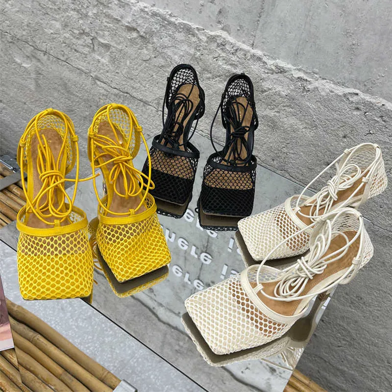 2021 Women Pumps Thin High Heels Sexy Sandals Shoes For Woman Fashion Square Toe Mesh Ankle Strap Pumps Sandals Ladies Shoes X0526