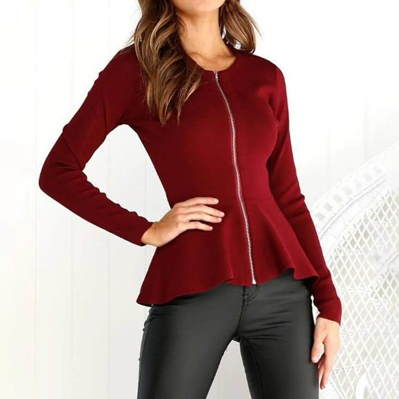 Mode Zip Up Boîte Plissée Péplum Veste Noir Ronde Col à col rond Couche Couche Élégante Vêtements De Vêtements De Vêtements de Vêtements Pour Femmes Slim Slim Femmes