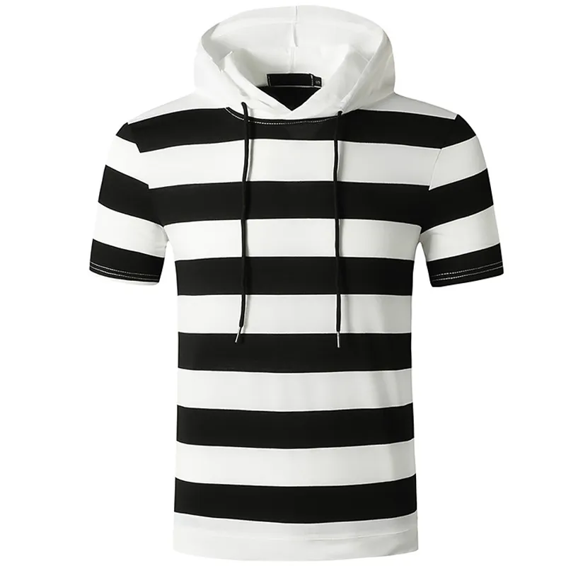 Striped T Shirt Men Workout Casual Muscle T Shirts Mens Hooded Oversized Hip Hop Tee Shirt Summer Harajuku Patchwork Tops 210524