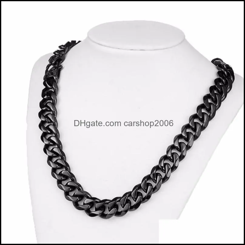 Classic Vintage Black Color Curb Cuban Link Chain Necklace Or Bracelet Jewelry 15mm Wide 7-40 Inches Stainless Steel Chains