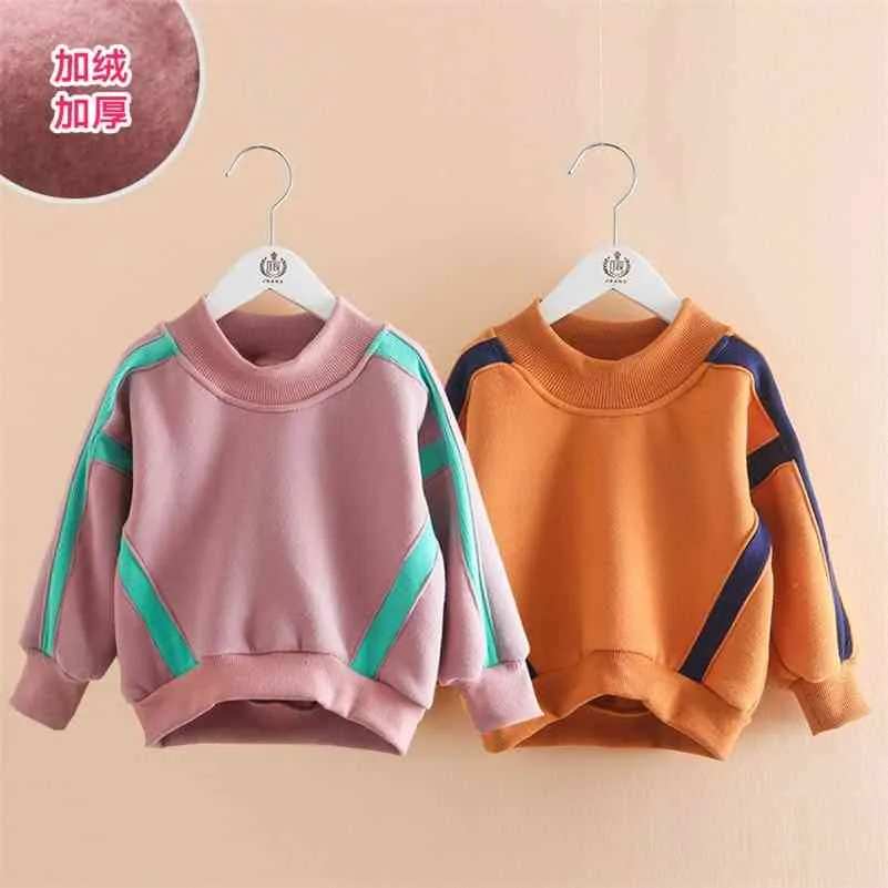 Autumn Winter Warm 2-9 10 Years Gift Long Sleeve Plus Velvet Thickening Kids Baby Girls Christmas Loose Stripe Sweatshirt 210701