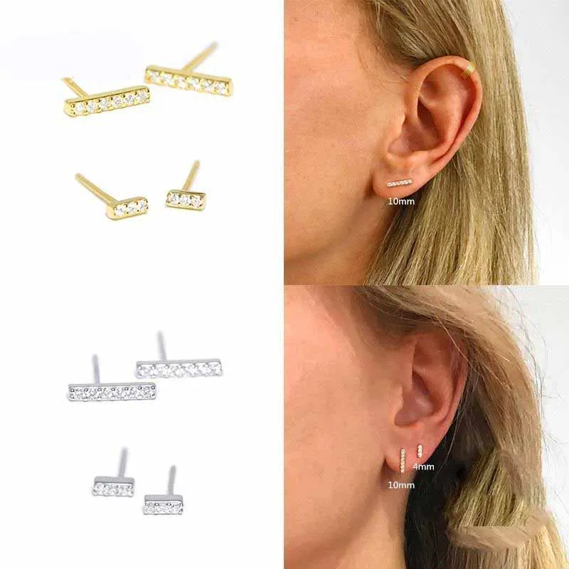 Boucles d'oreilles en argent sterling pour femmes 4Mm 10Mm simple rangée droite Piercing Stud Pendientes Plata bijoux fins