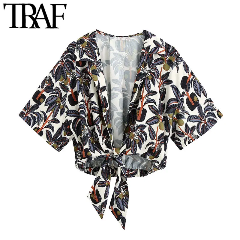 Traf女性のファッション弓縛られた花柄のプリントクロップされたブラウスヴィンテージ半袖背中弾性女性のシャツシックなトップス210415