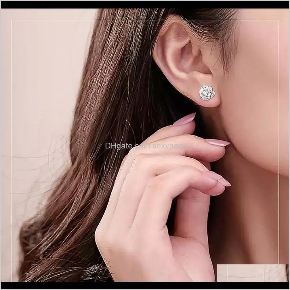 shiny cubic zircon flower stud earring for women silver color delicate anniversary gift lady stylish accessories ear ring