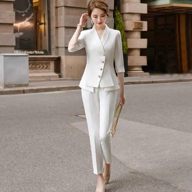 Hoge kwaliteit casual dames pak broek twee stuk set zomer elegante dames witte blazer jas zakelijke kleding 210927