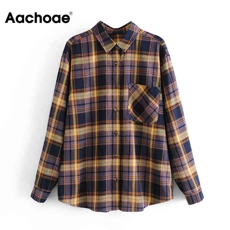 Autumn Spring Vintage Plaid Blouse Women Long Sleeve Office Casual Lady Shirts Fashion Pocket Tunic Tops Vetement Femme 210413