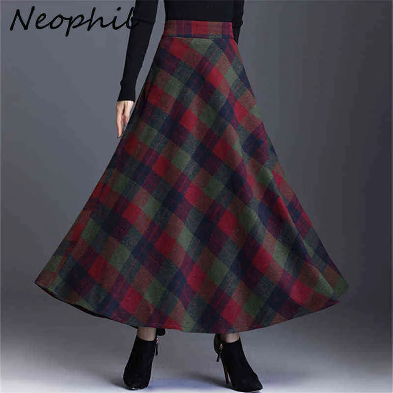 Neophil Woolen Warm Plus Size 3XL xadrez Saias Inverno Mulheres Inglaterra Estilo Bolsos Midi Plissado Uma Linha Tartan Saias S9216 211120