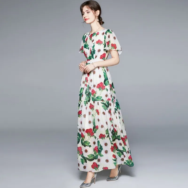 Womens Ladies Extra-long Floral Print Chiffon Dress Big Hemline A