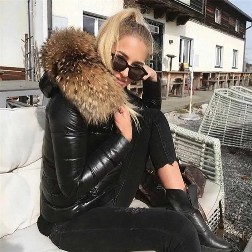 Fashion European Black Women's Winter Jacket Big Fur Hooded Thick Down Parkas Female Warm Coat for Women 211013