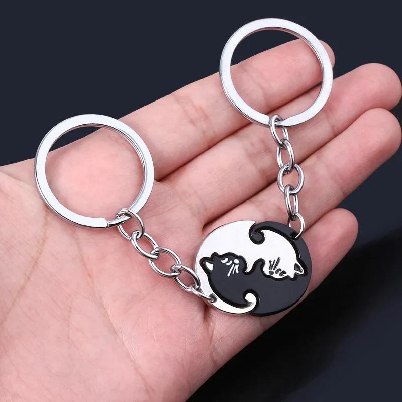 Hot New Cute Animal Black White Cat Couple Keychains Pendants Keyring Pulsera For Women Men Choker Valentine's Day Gift Keyfob