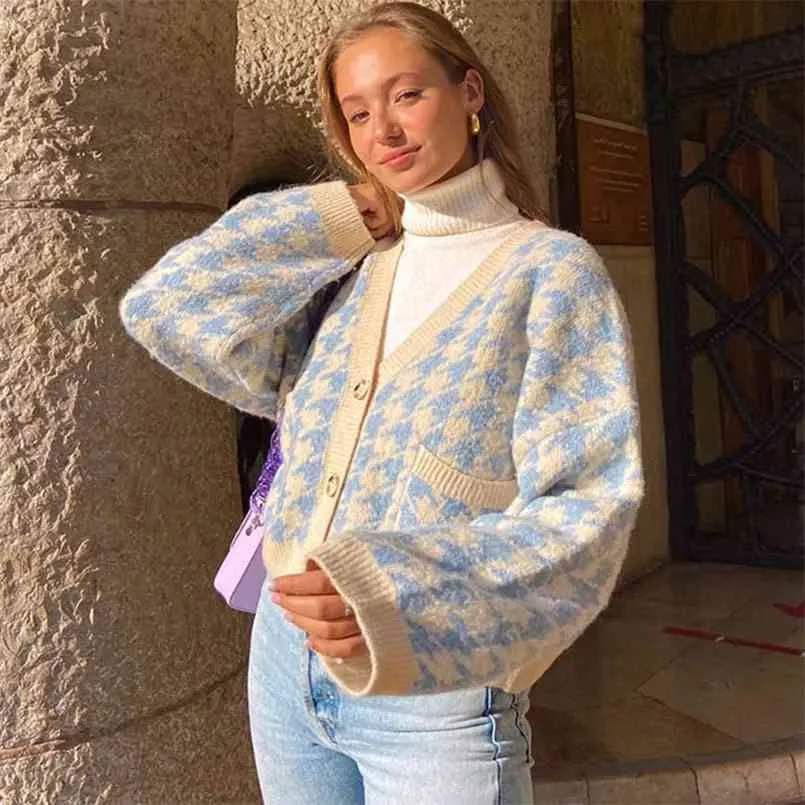 Vintage 90er Jahre Houndstooth Print Herbst Winter Gestrickte Langarm Frauen Strickjacke Pullover Weibliche Streetwear Strickwaren Tops 210914