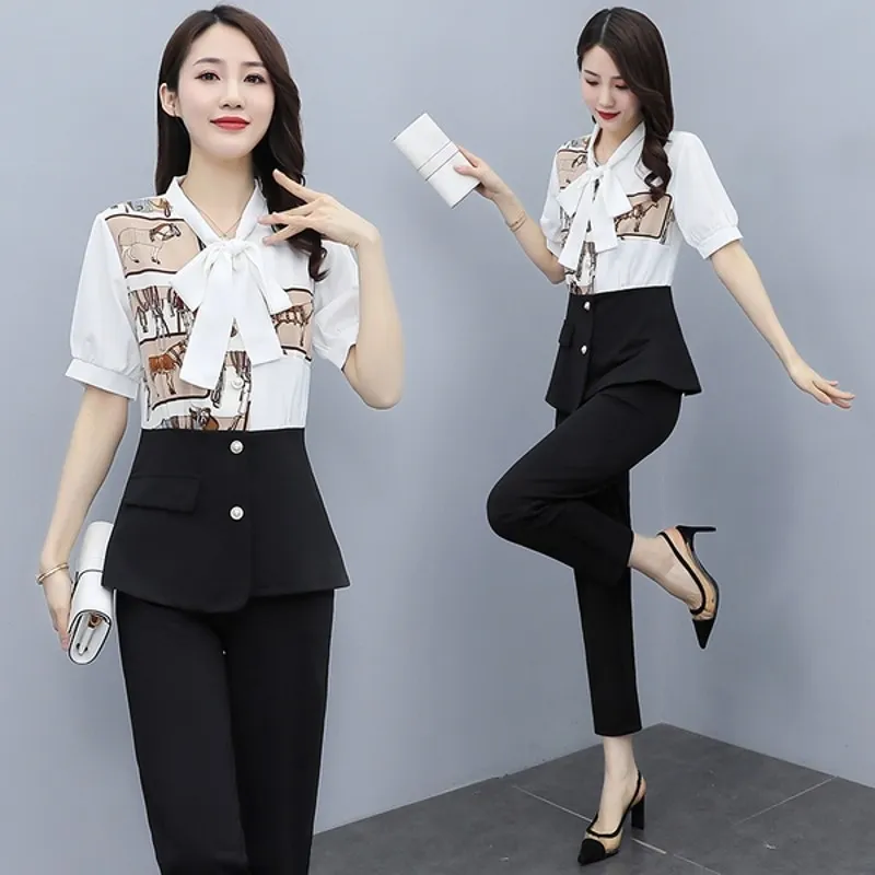 Högkvalitativa sommarkvinnor 2 stycken Set Elegant Office Print Blouse Toppar + Ol Pants Fashion Sets 210531