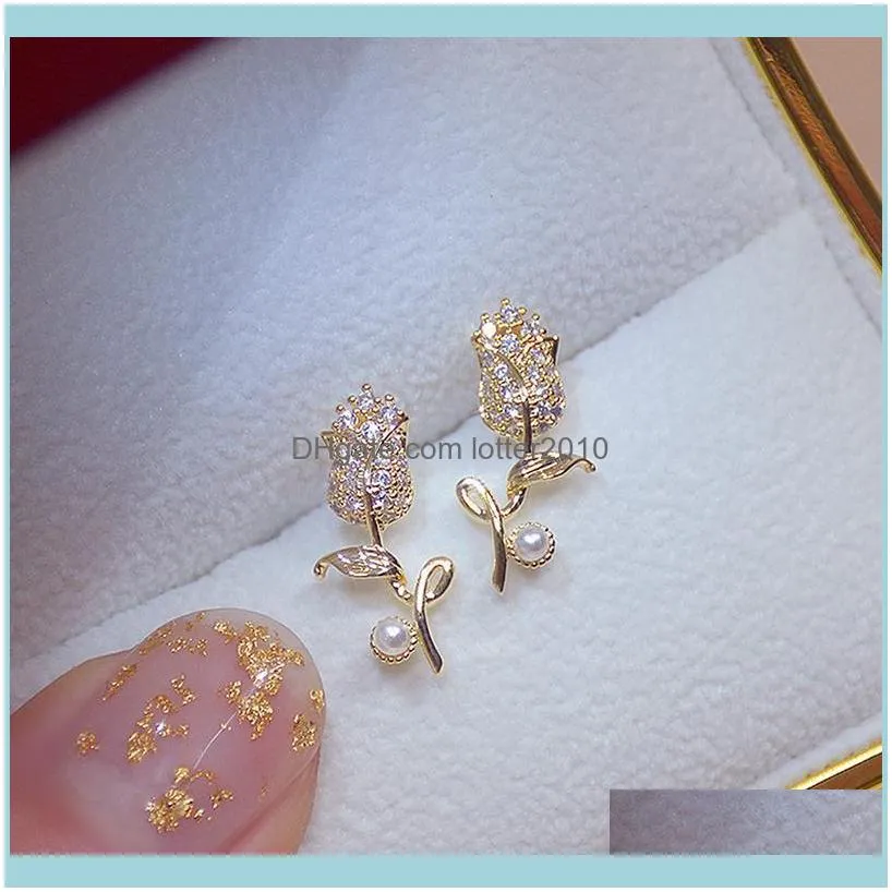 Korea Selling Fashion Jewelry 14K Real Gold Plating Copper Zircon Earrings Elegant Tulip Women`s Wedding Party Stud