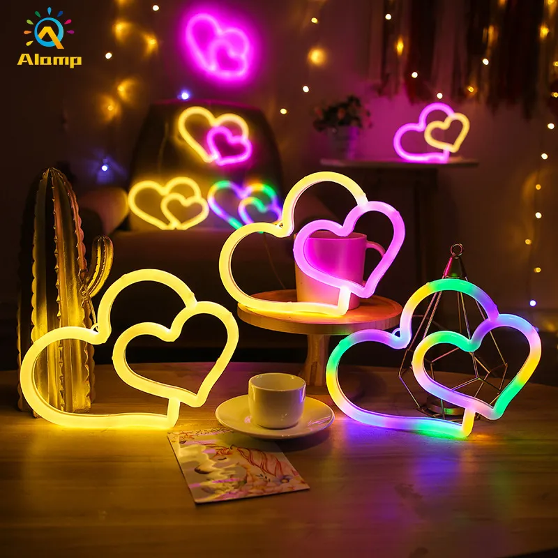 Neon Burcu LED Çift Kalp USB Pil Kumandalı Romantik Gökkuşağı Duvar Asılı Dekorasyon Işık Işaretleri Düğün Parti Doğum Günü Için