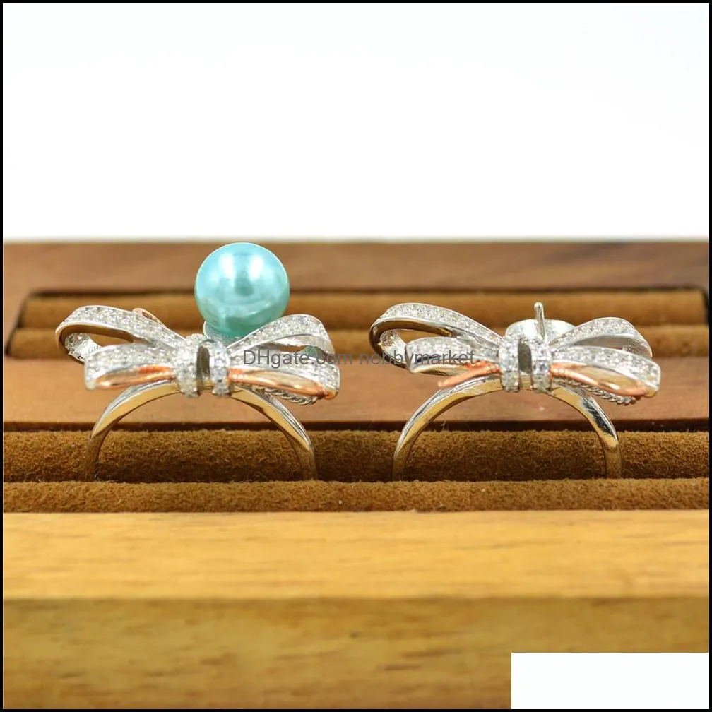 S925 Sterling Silver Bow 9-10mm Pearl Beads Ring Mountings Gemstones Jewelry Diy Fashion Rings Mounts Settings