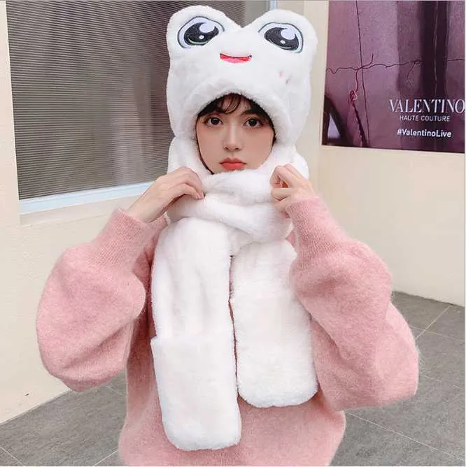 Cappello di peluche Donna Autunno Inverno Nuova rana Occhi grandi Protezione per le orecchie Sciarpa calda Guanti Una ragazza Bella bianca