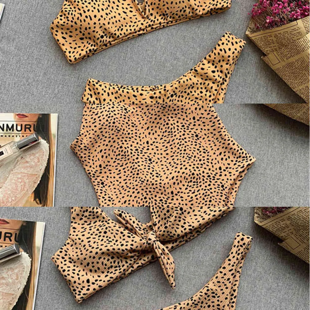2019 Bow knot Polka dot Leopard Bikini women High Leg cut swimwear female Ribbed swimsuit Sexy Brazilian bathing suit Swim LadyX0523