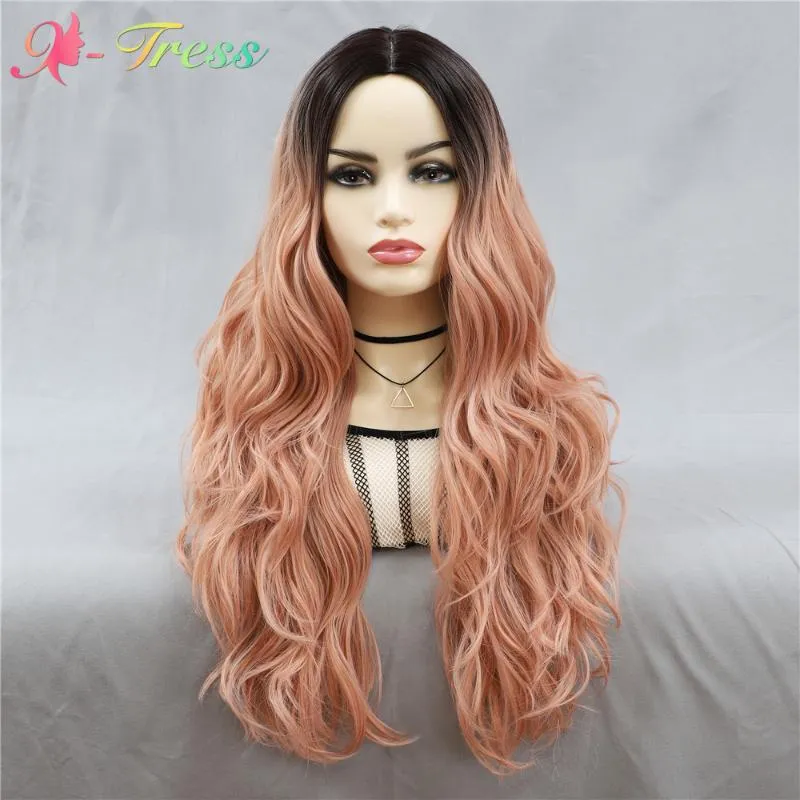 Synthetic Wigs X-TRESS Wig Middle Part Ombre Pink Orange Colored Machine Made For Women Long Boay Wave Hairstyle Cute Curly Hair
