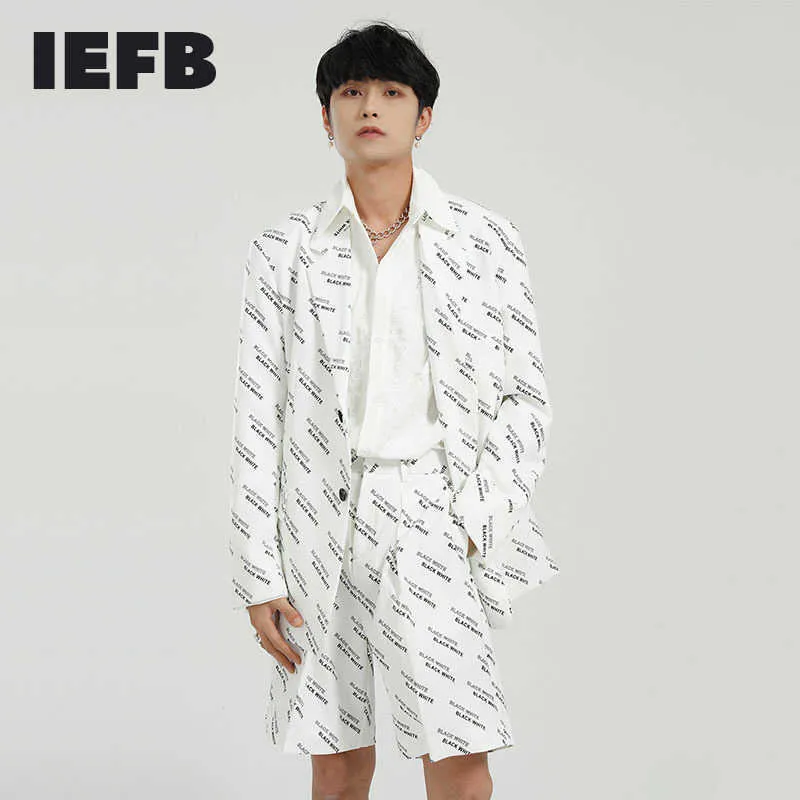 IEFB Herrkläder Jackor och shorts säljs separat två stycken Set Korean Loose Letter Full Print Ins Trend Suit + Shorts X0909