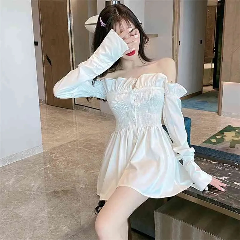 Spring Autumn Women's Blouses Korean Sexy One-shoulder Ruffled Long-sleeved Tops Solid Color Waist Slim Female Shirt GX572 210507