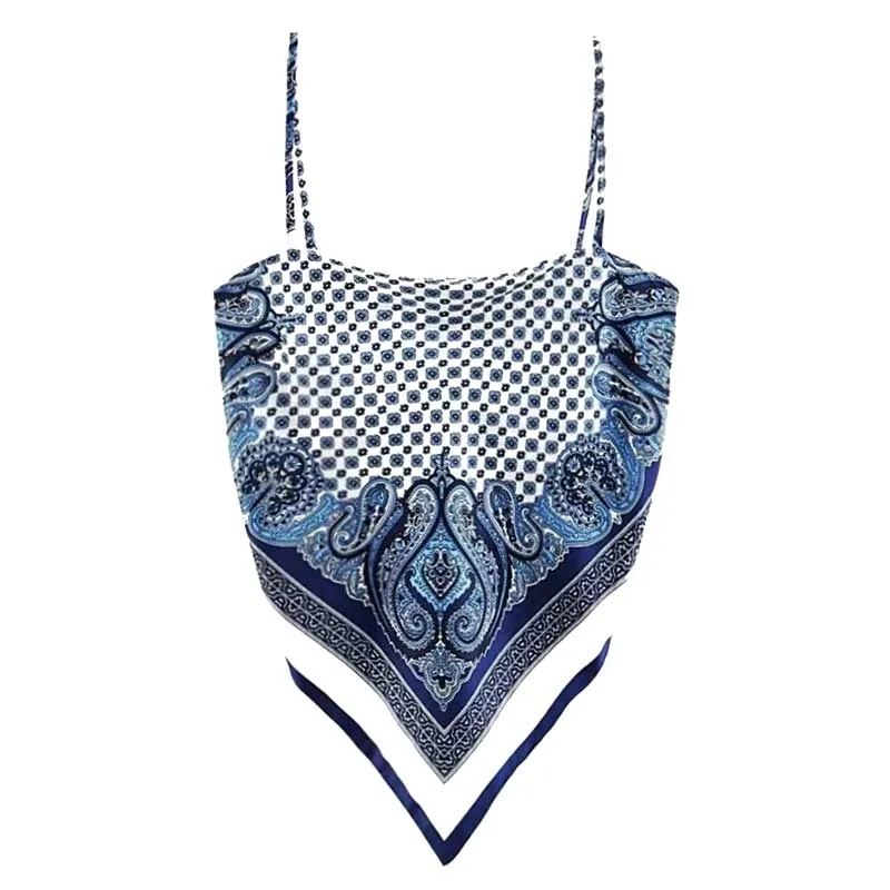 Boho inspirado cetim paisley barroco auto-tie bandana spag mulheres tops assimétrico hem cami tops verão praia tops bohemia 210616