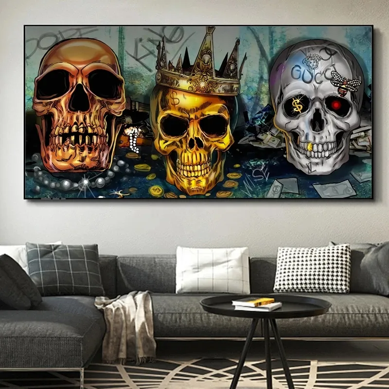 Modern Abstrakt Skull Art Street Wall Målningar Skriv ut på duk Posters och Graffiti Wall Bilder för vardagsrum Heminredning