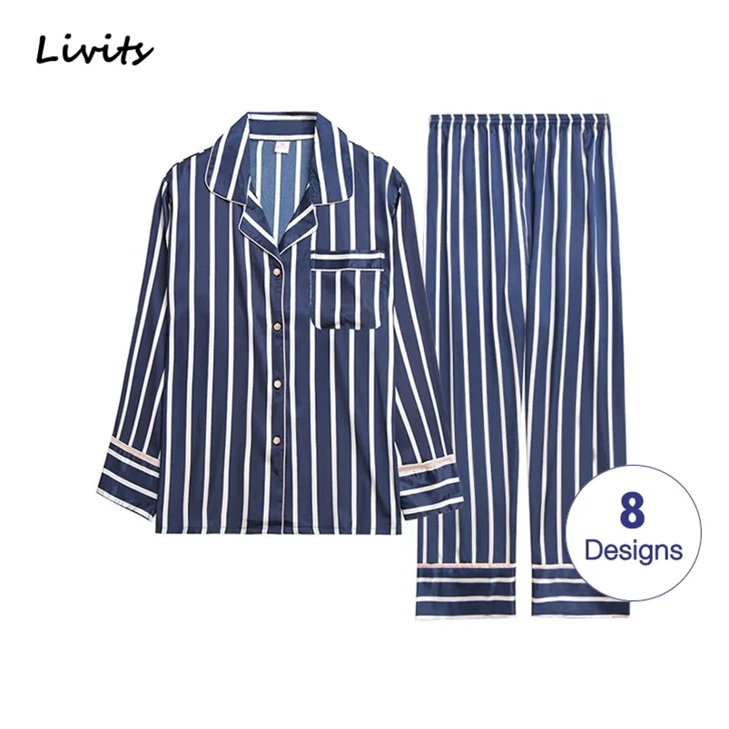 Men Pajamas Sets Satin Pyjamas Nightwear Sleepwear Underwear Long Sleeve Striped Printed Casual Spring Autumn Winter SA0706 210901