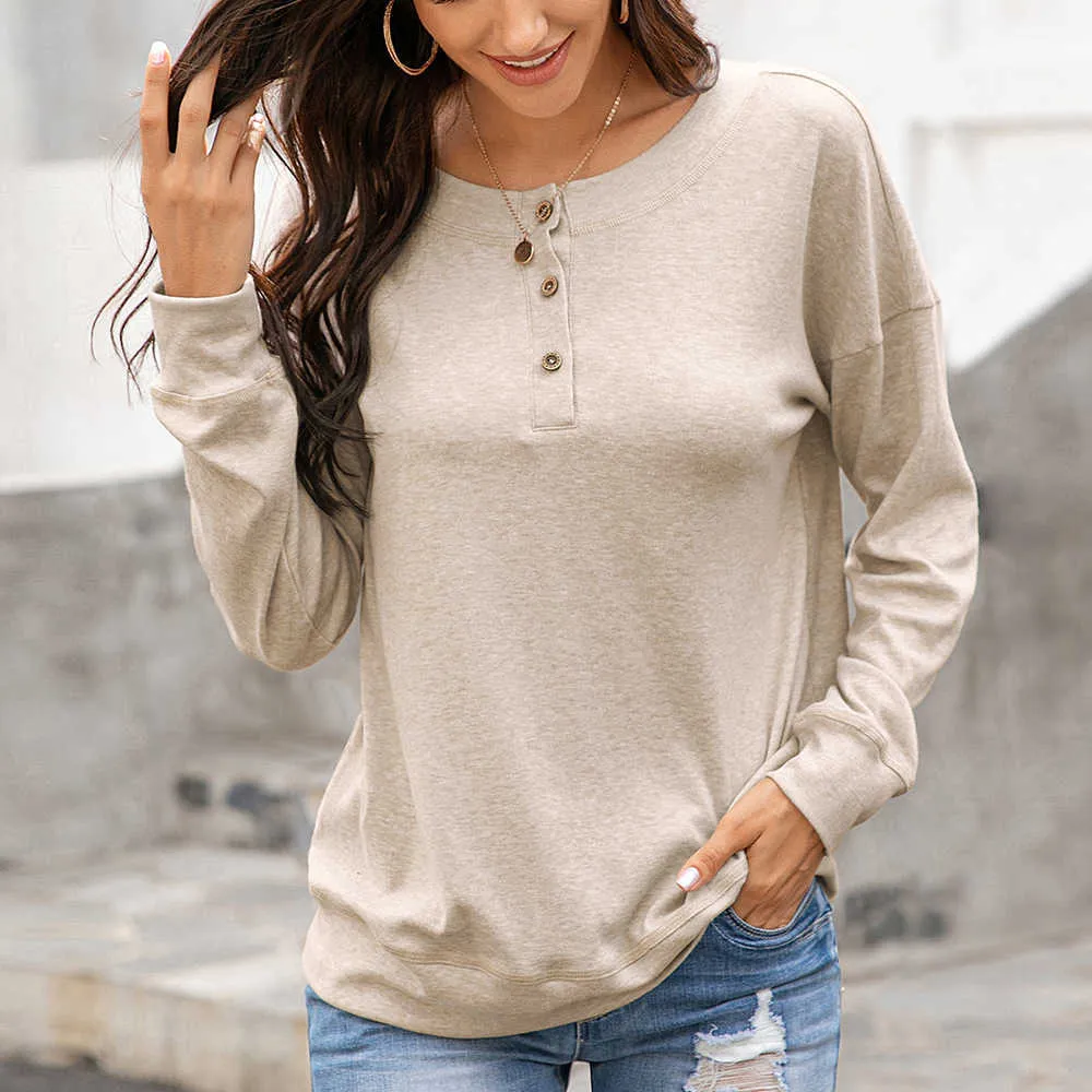 T-shirt autunnali Donne Casual O-Neck Manica Lunga Pulsante Solido Solid Tee Tops Moda Signore Streetwear Pullover 210526