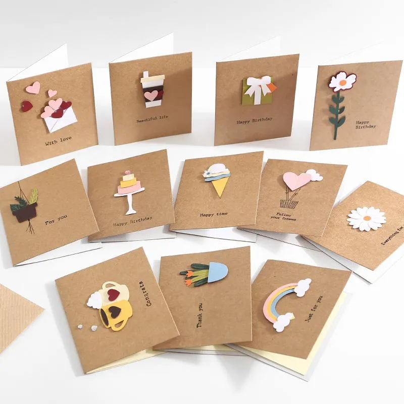 Поздравительные открытки 12 стилей Kraft Mini для вас открытка коричневое 3D -подарочное сообщение о цвете спасибо спасибо за день рождения