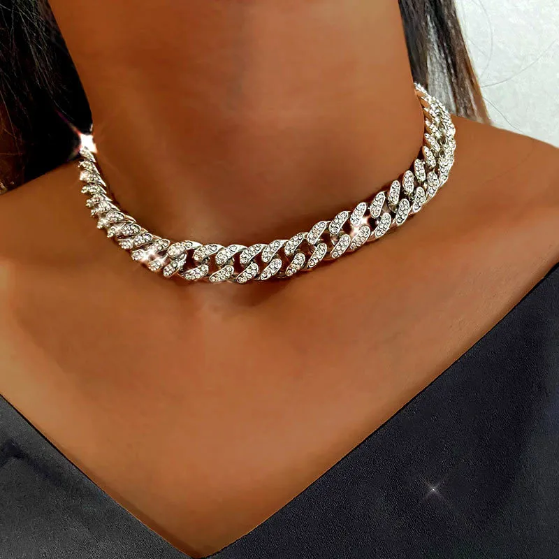 Bynouck Miami Cubaanse Link Chain Gold / Silver Color Choker Vrouwelijke Iced Out Bling Rhinestone Ketting Hiphop Sieraden