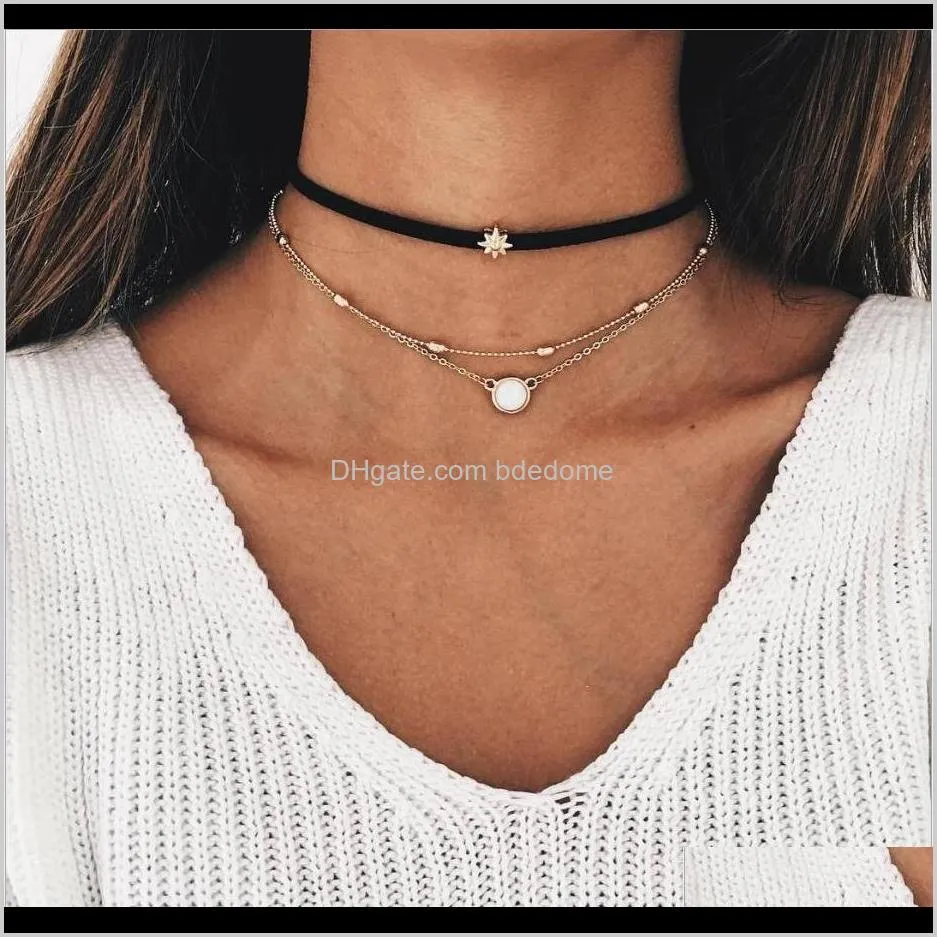 Chokers Necklaces & Pendants Jewelry Drop Delivery 2021 Fashion Three Layer Necklace Pu Belt With Star Aessory Bead Metal Chain Sun Pendant G