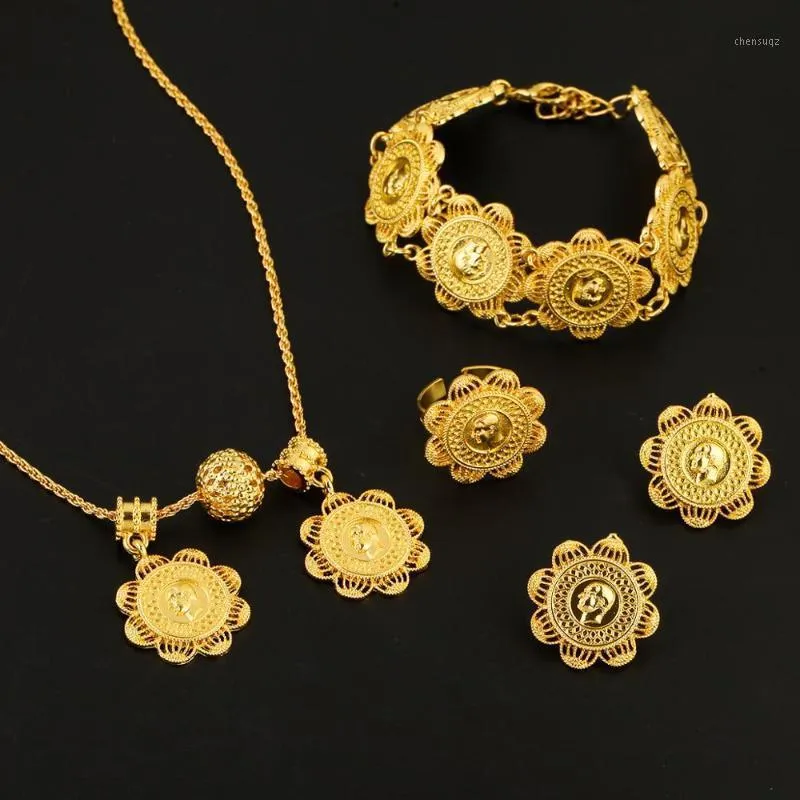 Brincos colar etíope moeda pingente anel pulseira nupcial casamento conjuntos de jóias