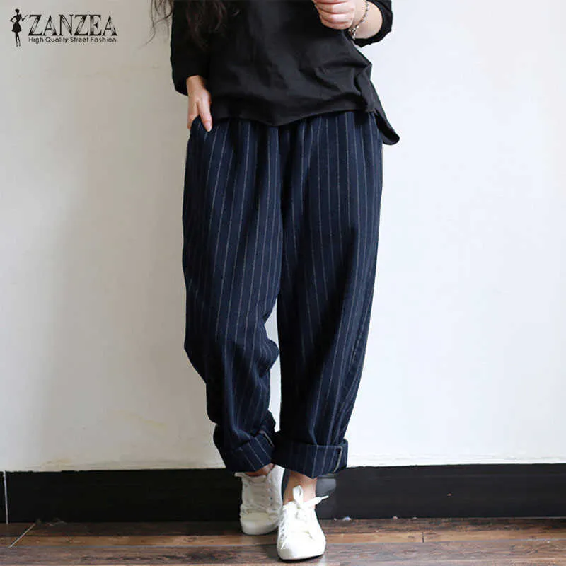 ZANZEA 5XL 가을 스트라이프 바지 여성 캐주얼 헐렁한 바지 순무 긴 Pantalon 궁전 레이디 탄성 허리 하렘 바지 플러스 사이즈 T200617