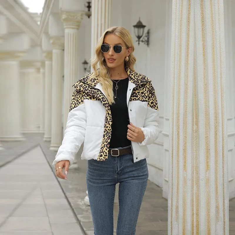 Damskie Down Parkas Kobiety Zima Bawełna Ciepłe Kurtki Leopard Kolor Dopasowywanie Poliester High Collar Krótki Parka Moda Casual Płaszcz Kobieta C